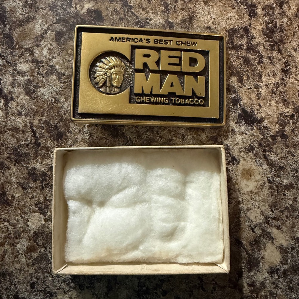 Vintage Red Man Chewing Tobacco Belt Buckle Solid Brass SIS Made in USA Boxed